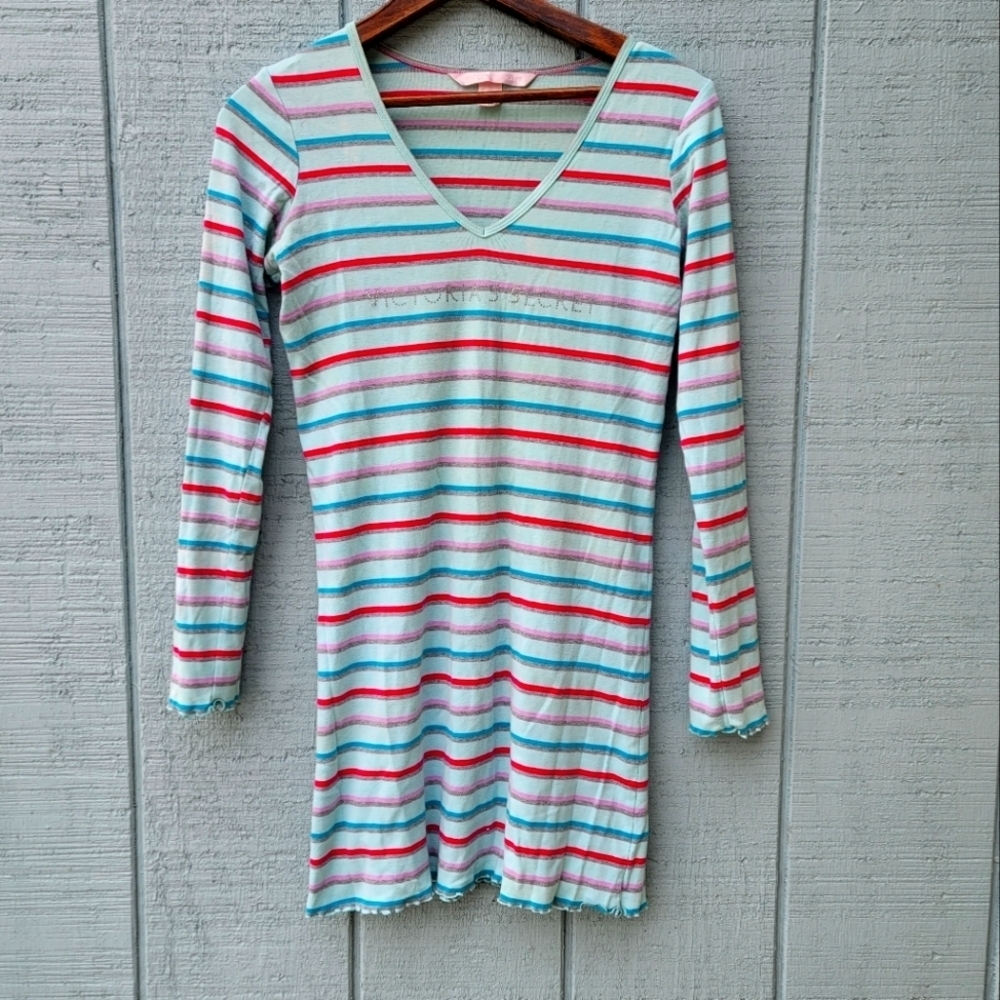 y2k Victoria's Secret Striped Sleep Night Shirt Rhinestone Accent Blue sz XS